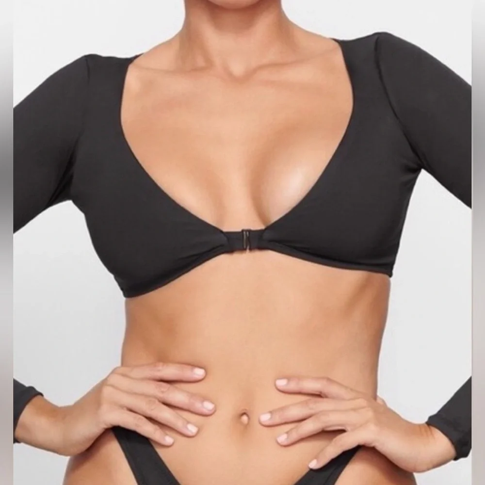 Long-Sleeve Nude Crop Swim Top